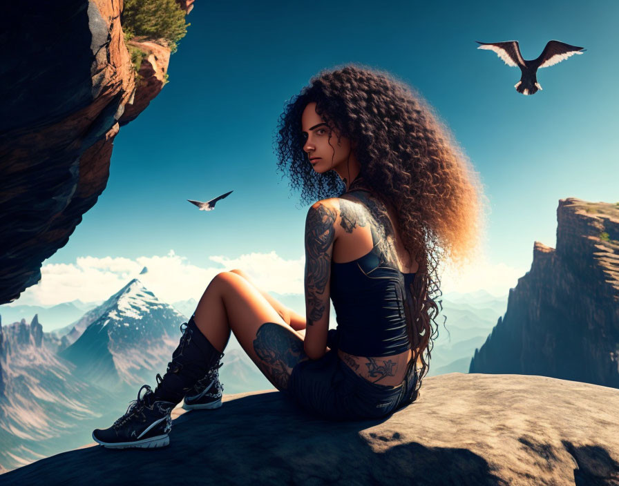 Curly-Haired Woman Sitting on Cliff Overlooking Mountains and Birds in Clear Blue Sky