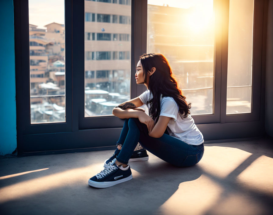 Woman sitting by large windows, sunlight streaming in, gazing outside.