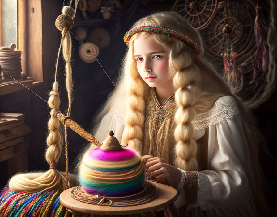 Blonde Braided Girl in Traditional Costume Spins Wool at Wheel