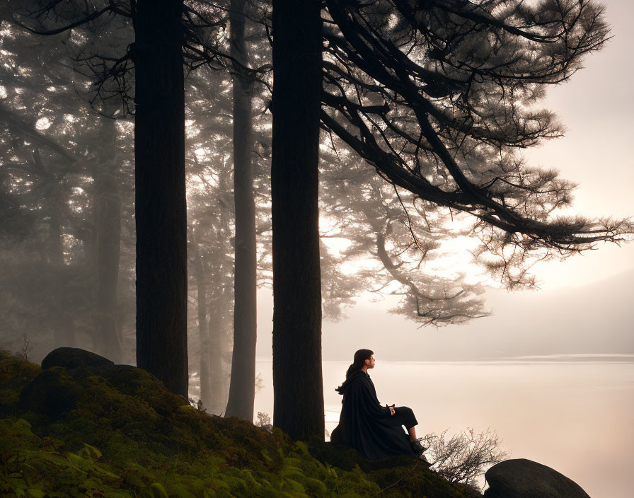 Solitary figure sitting by serene lake in misty forest landscape