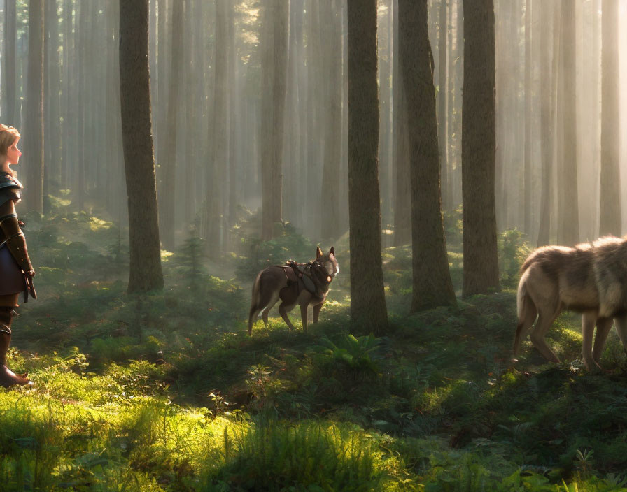 Medieval person with two wolves in sunlit forest.