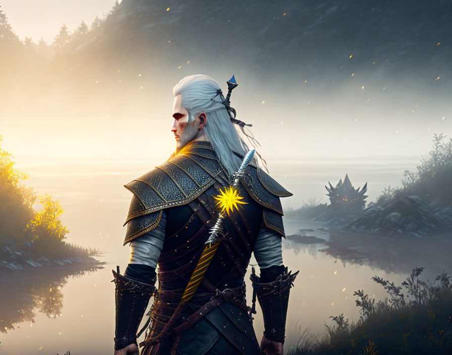 Fantasy warrior with white hair by lake at twilight