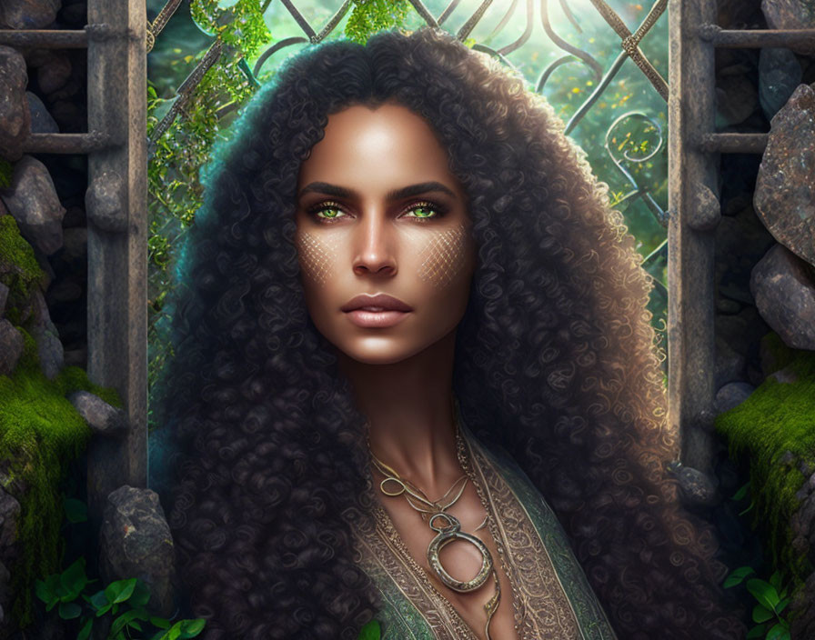 Curly Haired Woman with Green Eyes and Jewelry in Lush Background