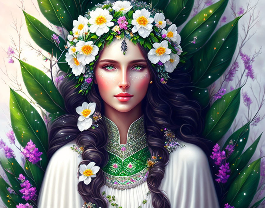 Digital artwork of woman with dark hair, floral crown, surrounded by nature and magic.