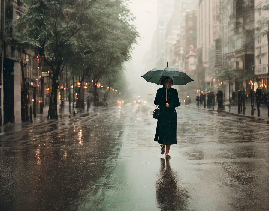 Lonely figure with umbrella strolling on rainy city street at night