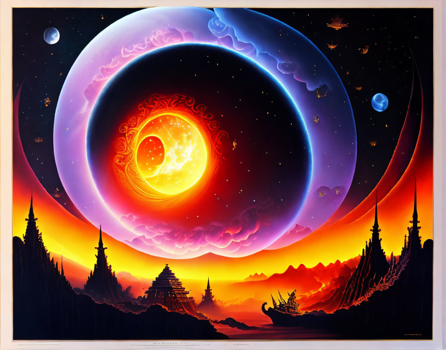 Colorful cosmic painting with fiery swirl center and celestial bodies under starry sky