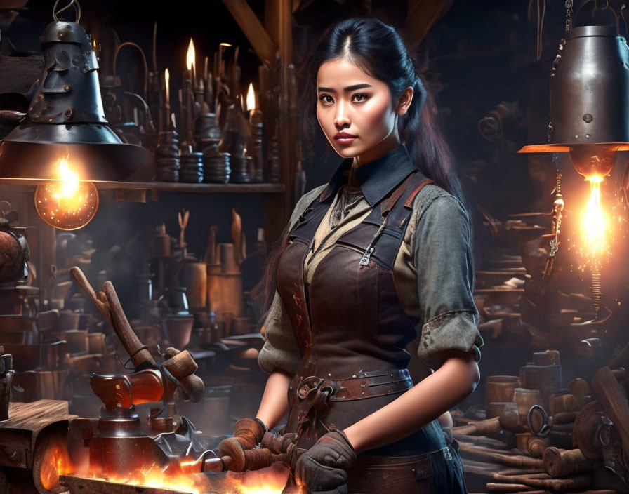 Female Blacksmith Working at Anvil in Dimly Lit Workshop