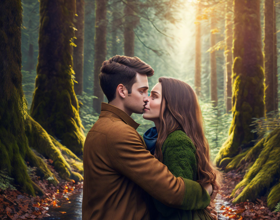 Romantic couple kissing in sunlit forest with autumn leaves