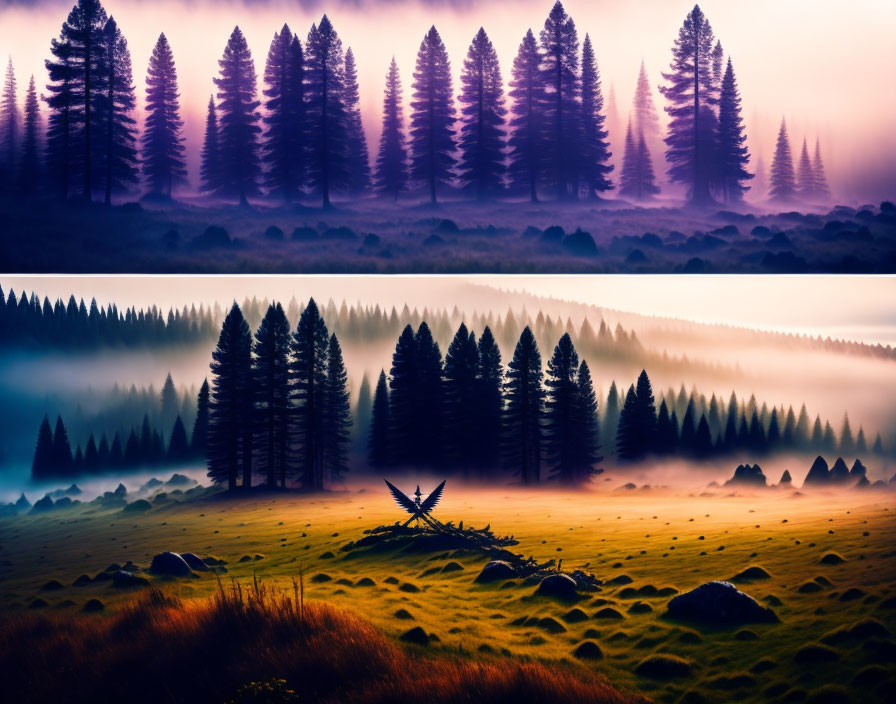 Silhouettes of pine trees in misty meadow at golden hour