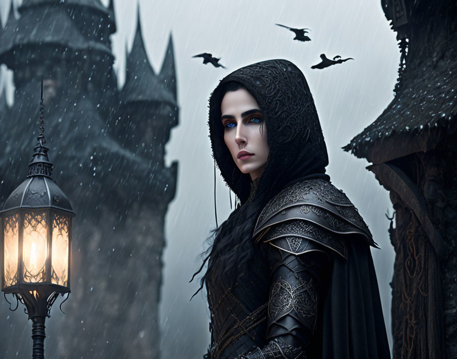 Blue-eyed woman in dark armor by street lamp with gothic castle and ravens in snow