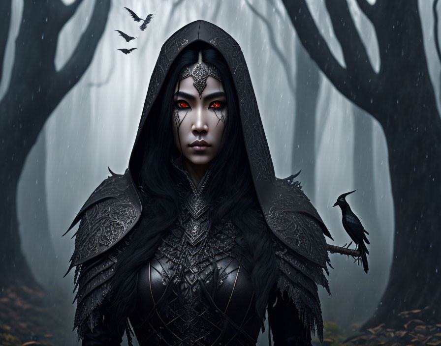 Mystical woman with red eyes in dark armor surrounded by ravens in gloomy forest