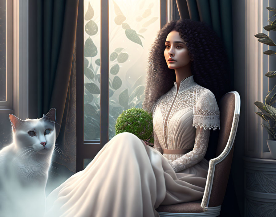 Curly-haired woman holding green plant by window with white cat in serene setting