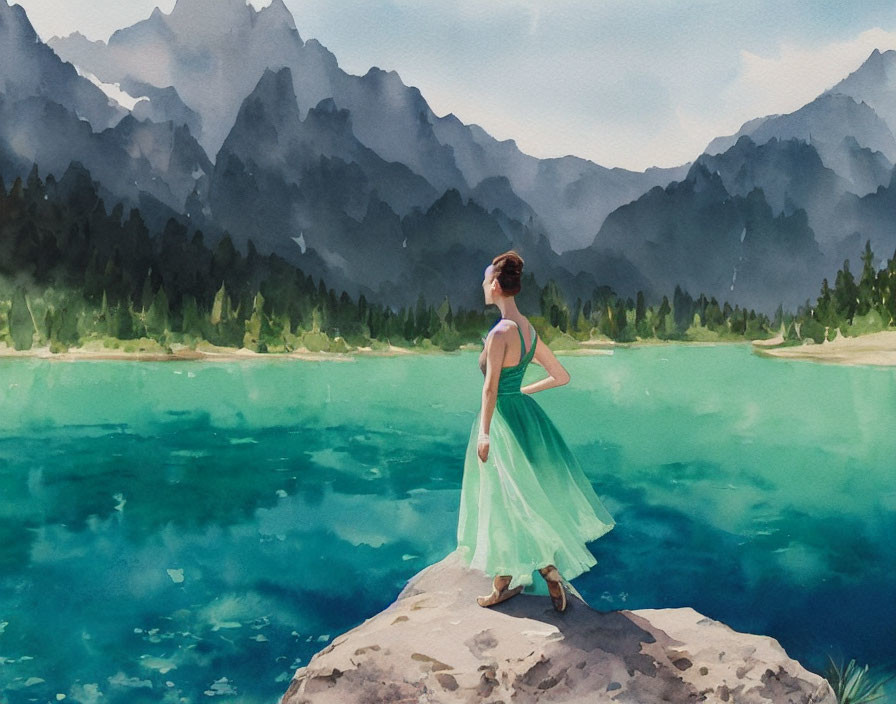 Woman in green dress gazes at tranquil mountain lake