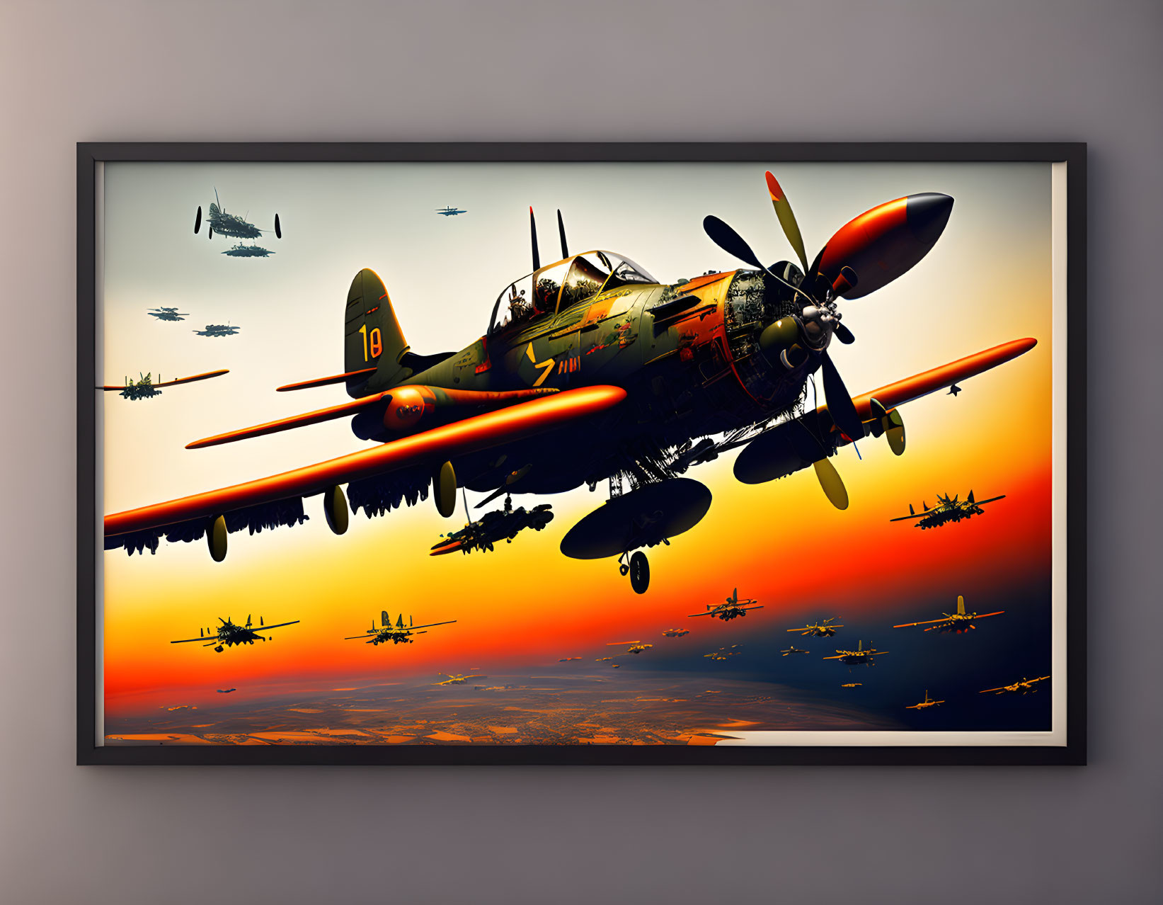 Vintage Military Aircraft Flying Formation at Sunset in Framed Picture