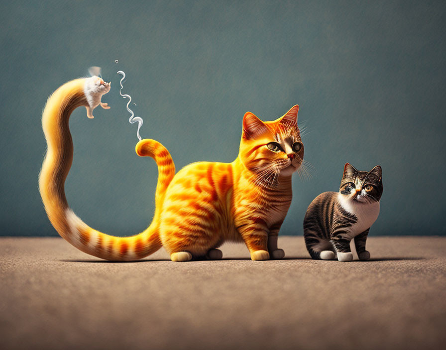 Two cats with a mouse on tail on blue background.