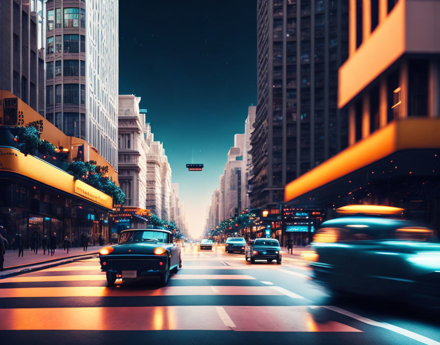 City Street at Twilight: Cars in Motion, Illuminated Buildings, Starry Sky