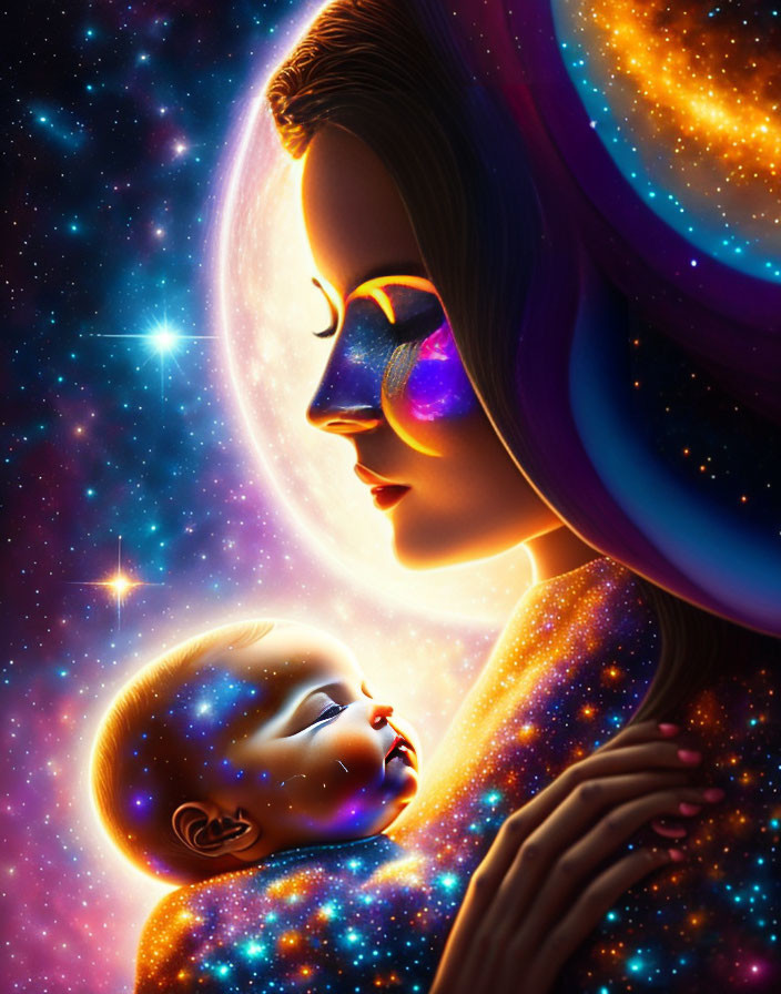 Cosmic-themed illustration of woman and child with stars and galaxies on skin