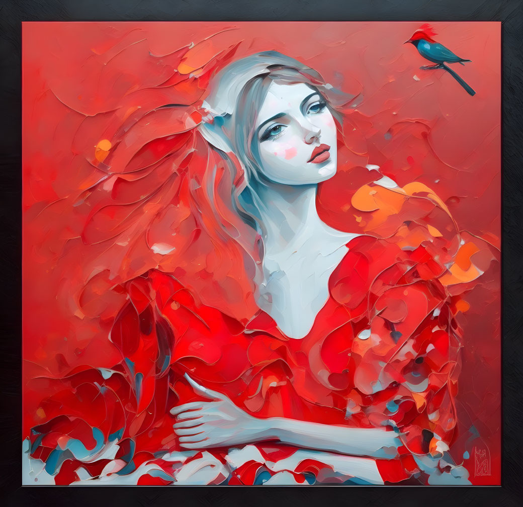 Woman with White Hair in Red Dress Holding Blue Bird