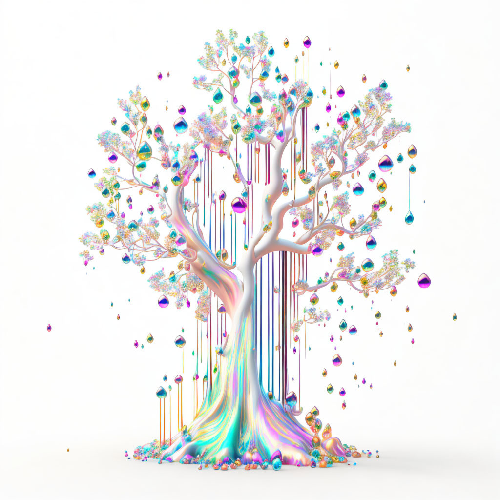 Surreal digital artwork: Vibrant tree with melting trunk and jewel-like leaves