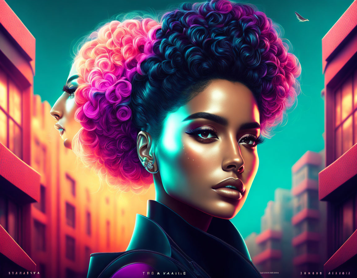 Digital artwork of woman with afro hair & pink highlights in neon-lit urban backdrop