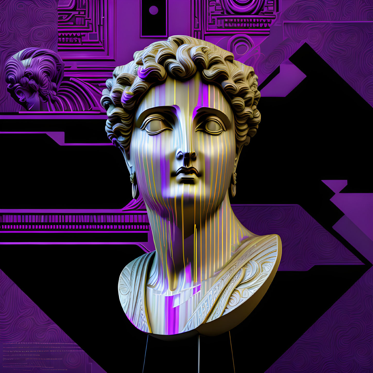 Stylized Greco-Roman bust with gold drips on purple geometric backdrop