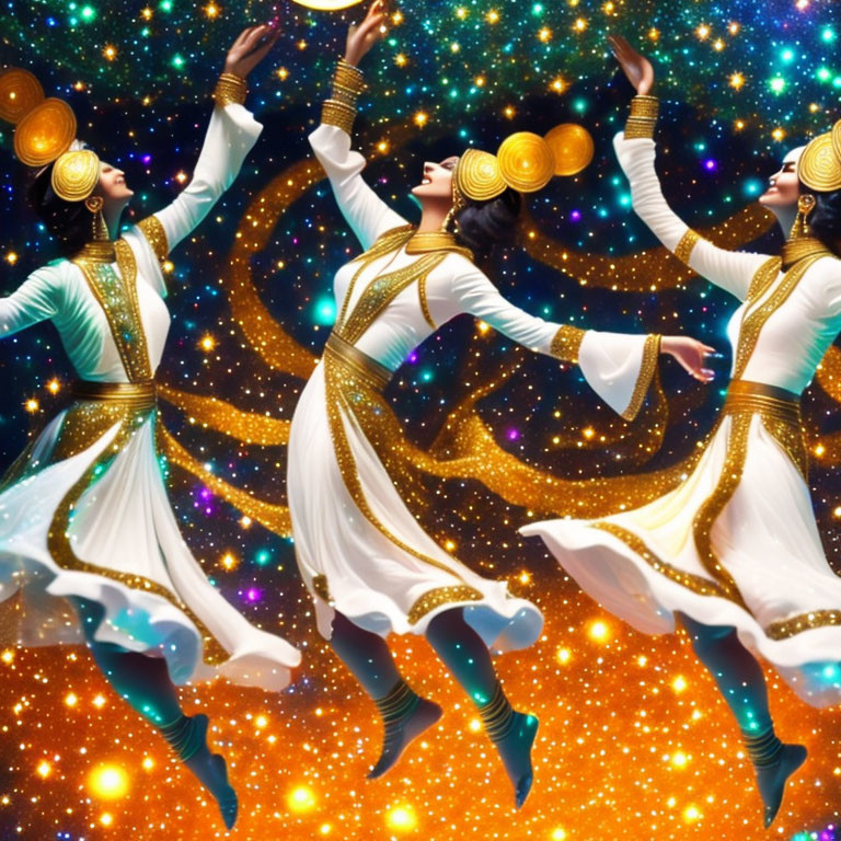 Three individuals in traditional attire dancing with celestial elements and golden accessories against a starry backdrop.