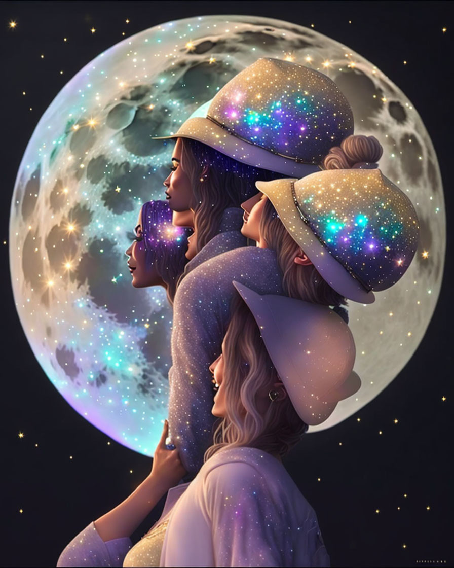 Four stylized women with space-themed hats against moon backdrop.