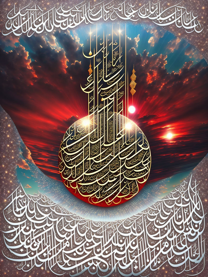 Arabic Calligraphy Digital Artwork with Golden Hues and Sunrise Sky