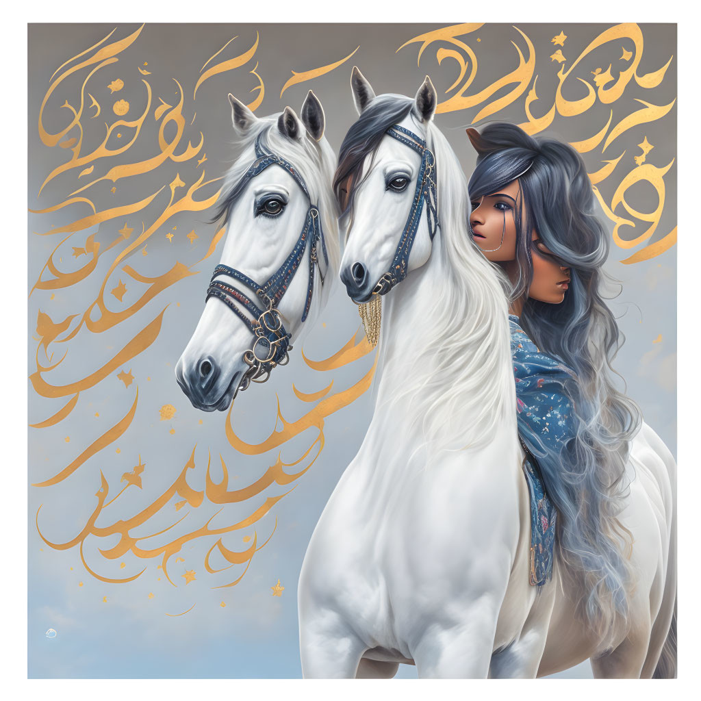 Artistic representation of two white horses and a woman with dark hair in front of golden arabesque