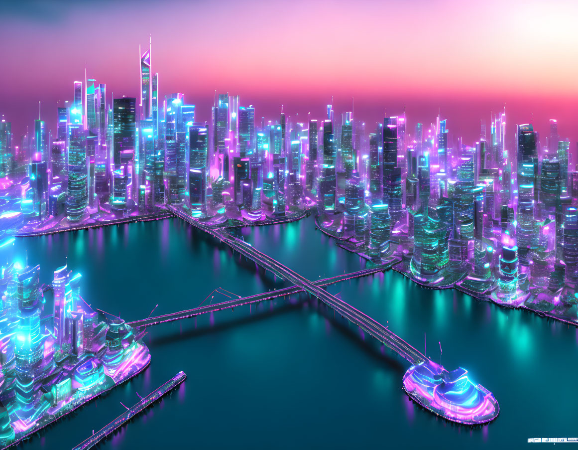 Futuristic cityscape at dusk: neon-lit skyscrapers, bridges, pink-purple skies