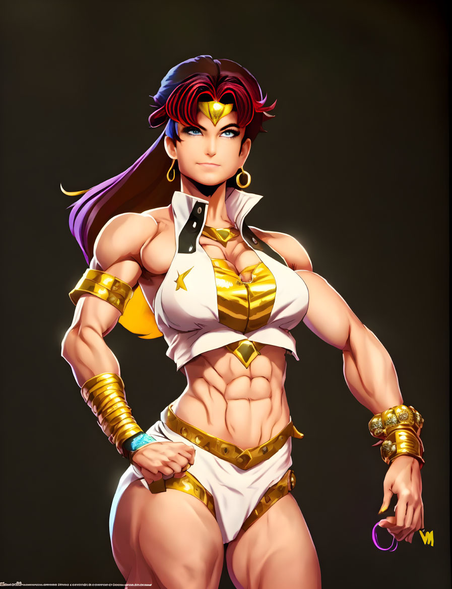 Muscular female character in white and gold outfit with blue hair and stern expression