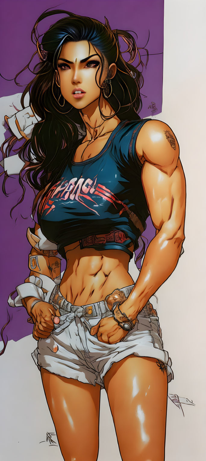 Muscular woman in cropped top and shorts with accessories and tattoo