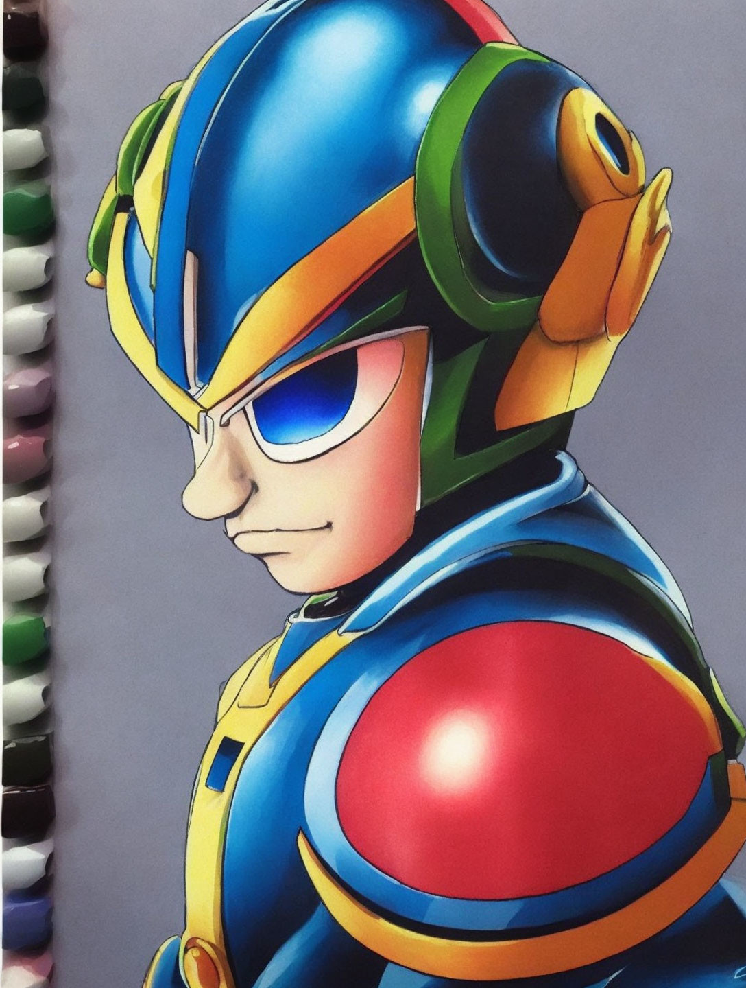 Blue-armored Mega Man with futuristic visor in determined pose