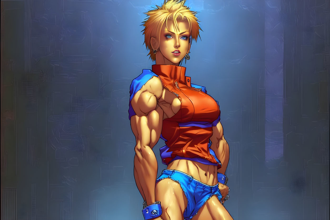 Muscular Female Character in Orange Shirt and Blue Shorts on Blue Background