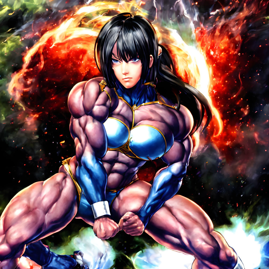 Muscular Female Character in Blue and Gold Outfit on Fiery Cosmic Background