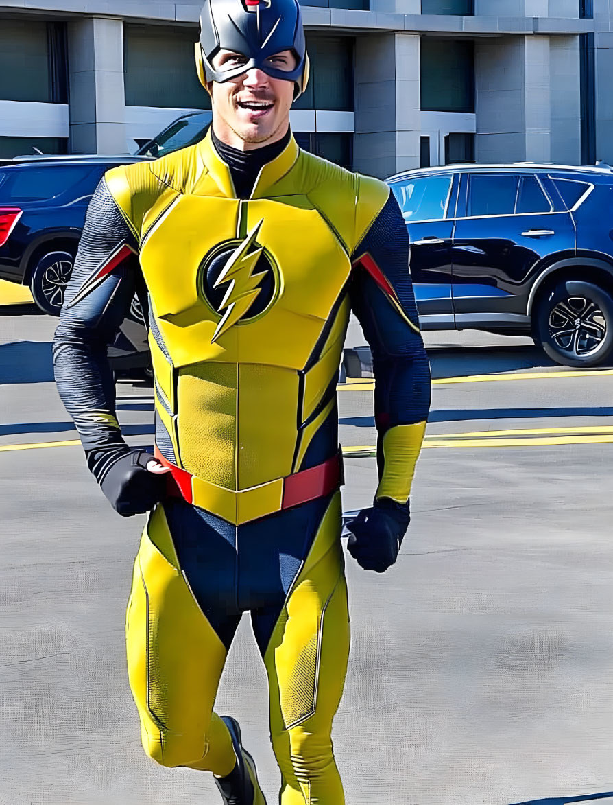 Vibrant yellow and red superhero costume with lightning bolt emblem posed confidently outdoors