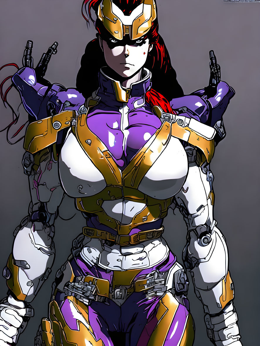 Female cyborg illustration with red hair, yellow and purple armor, mechanical limbs, gray background