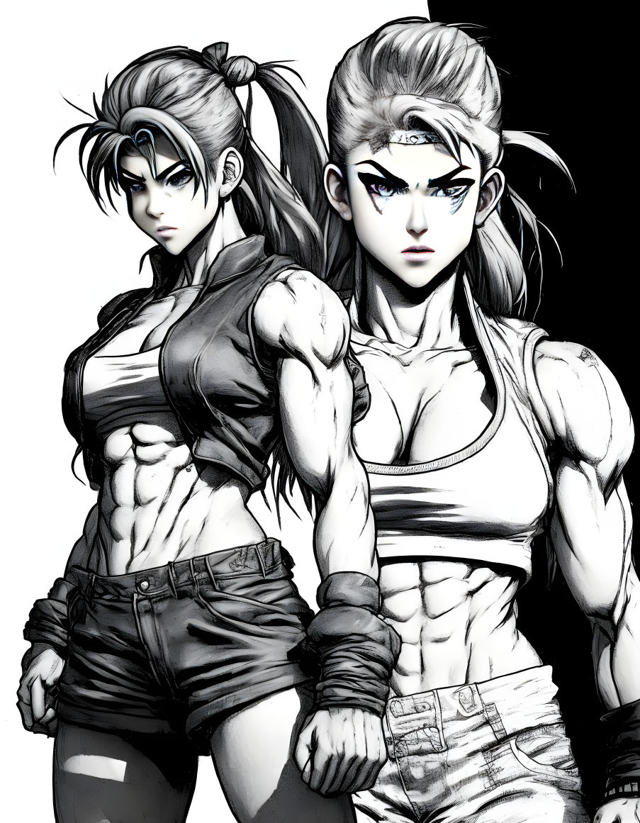 Monochrome illustration of two muscular women in fighting stances