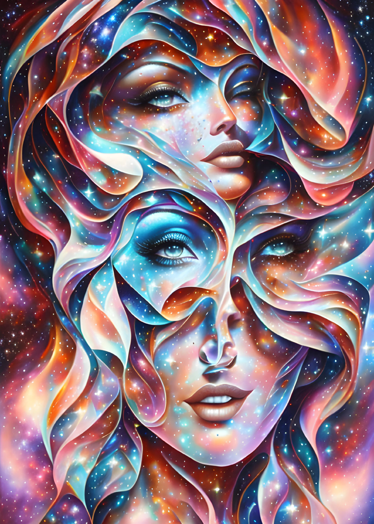 Digital artwork: Two faces with cosmic textures on deep space background