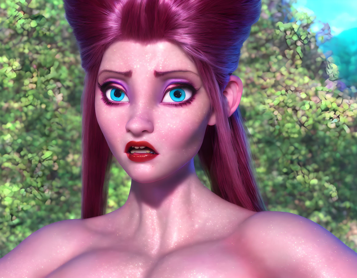 Surprised 3D character with pink hair and blue eyes in forest scenery