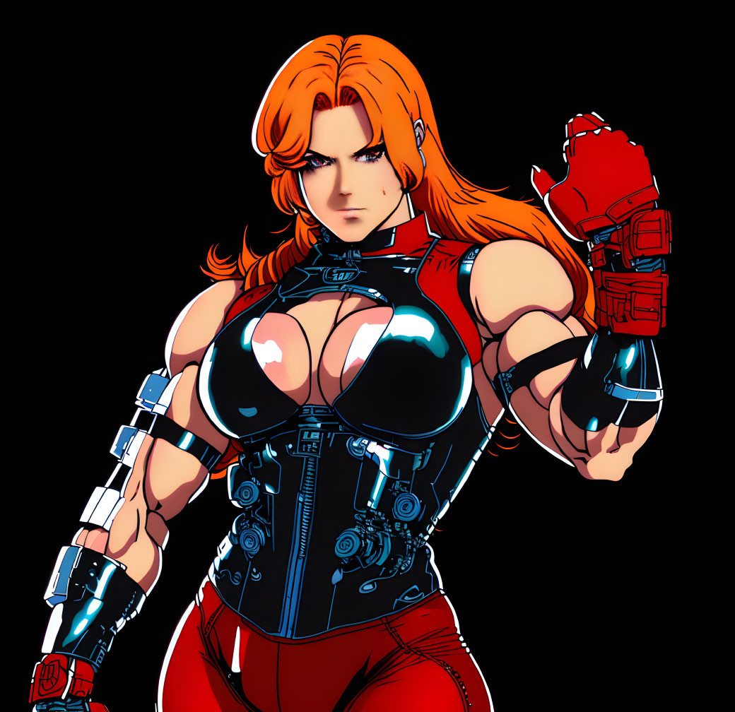 Bold red-haired female character in futuristic bodysuit with mechanical arm enhancements