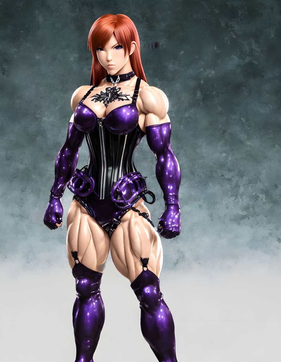 Red-haired muscular female in black and purple outfit against smoky backdrop