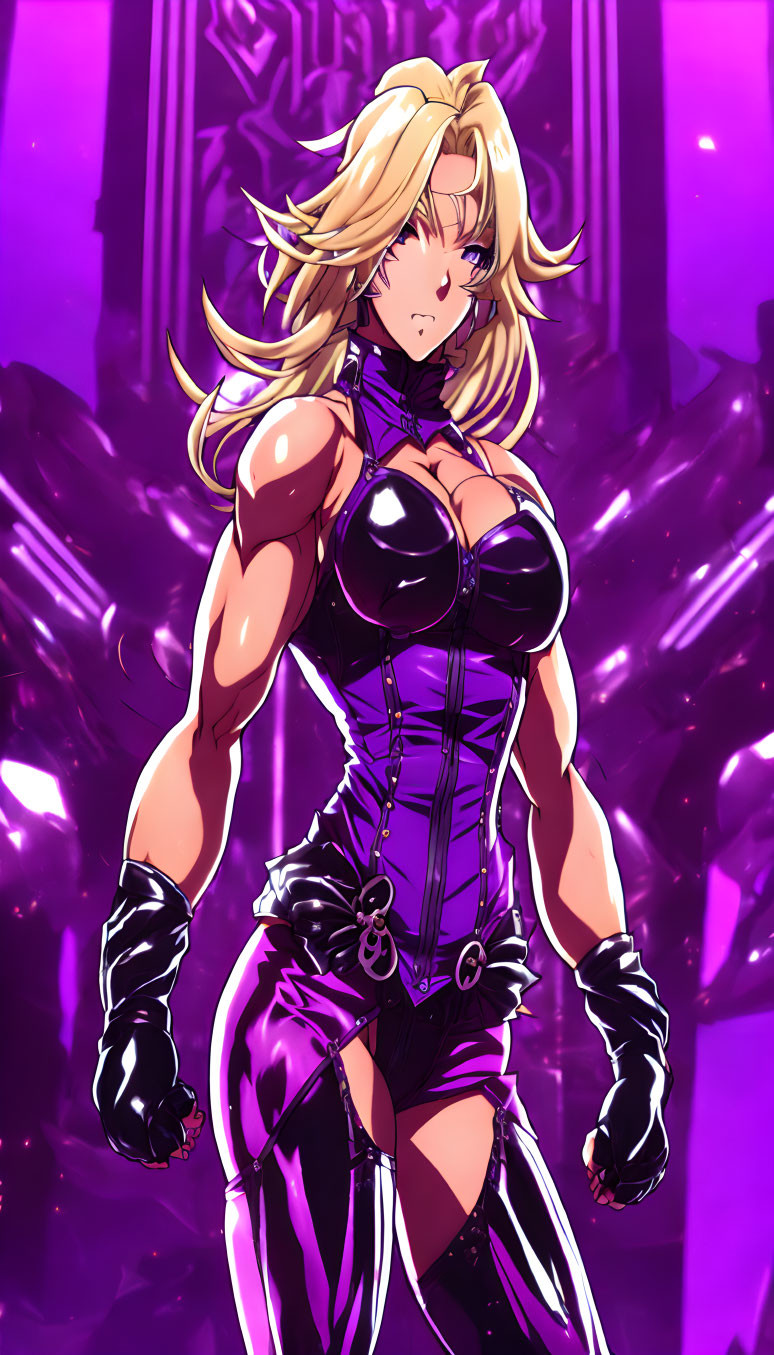 Blonde animated female in black corset and gloves on purple background