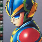 Blue-armored Mega Man with futuristic visor in determined pose