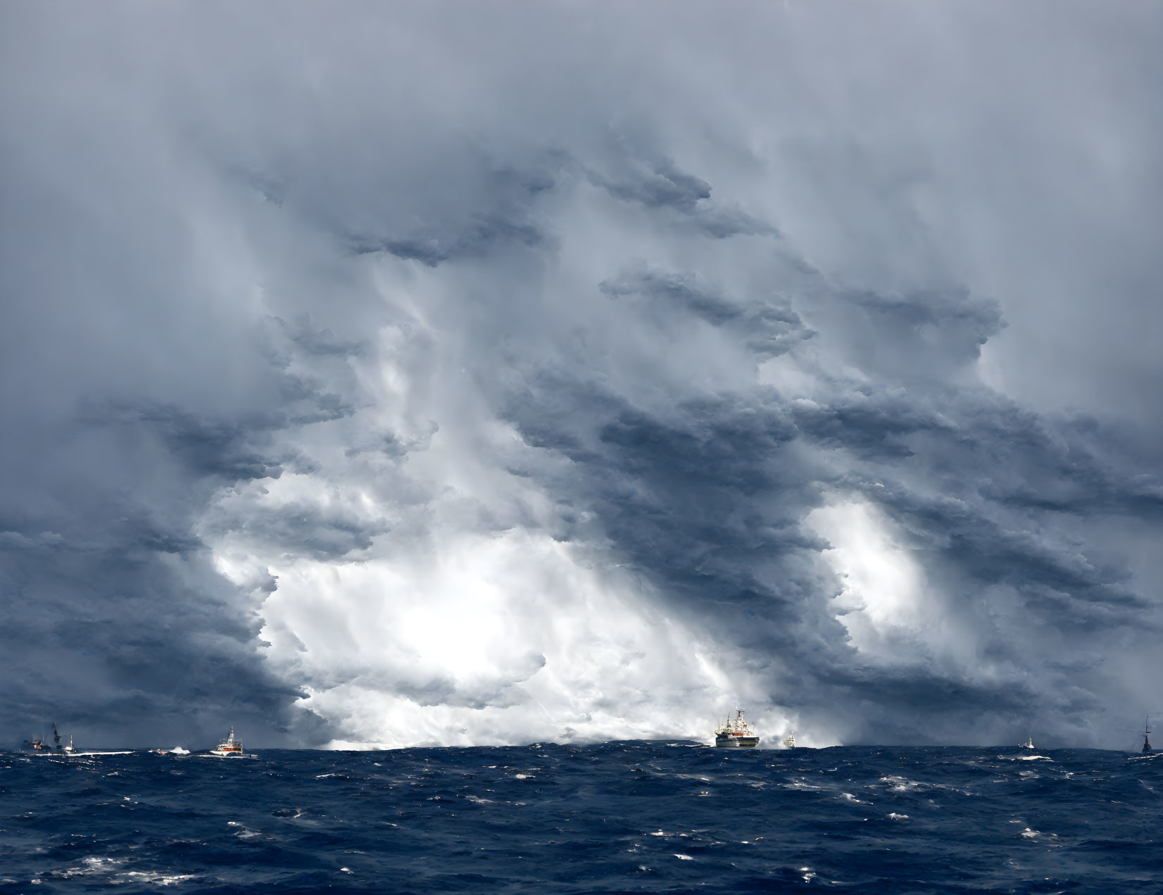 Dramatic stormy sea with ships and towering clouds