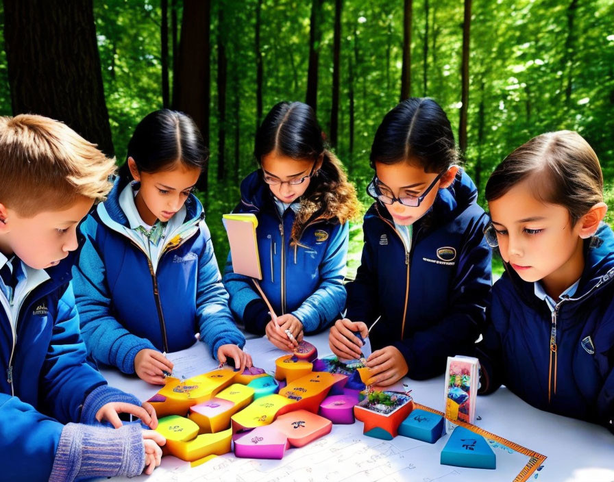 Children in Blue Jackets Playing with Hexagonal Learning Blocks Outdoors