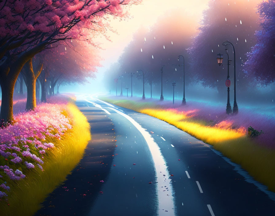 Vibrant landscape with blooming pink trees and glowing street lamps