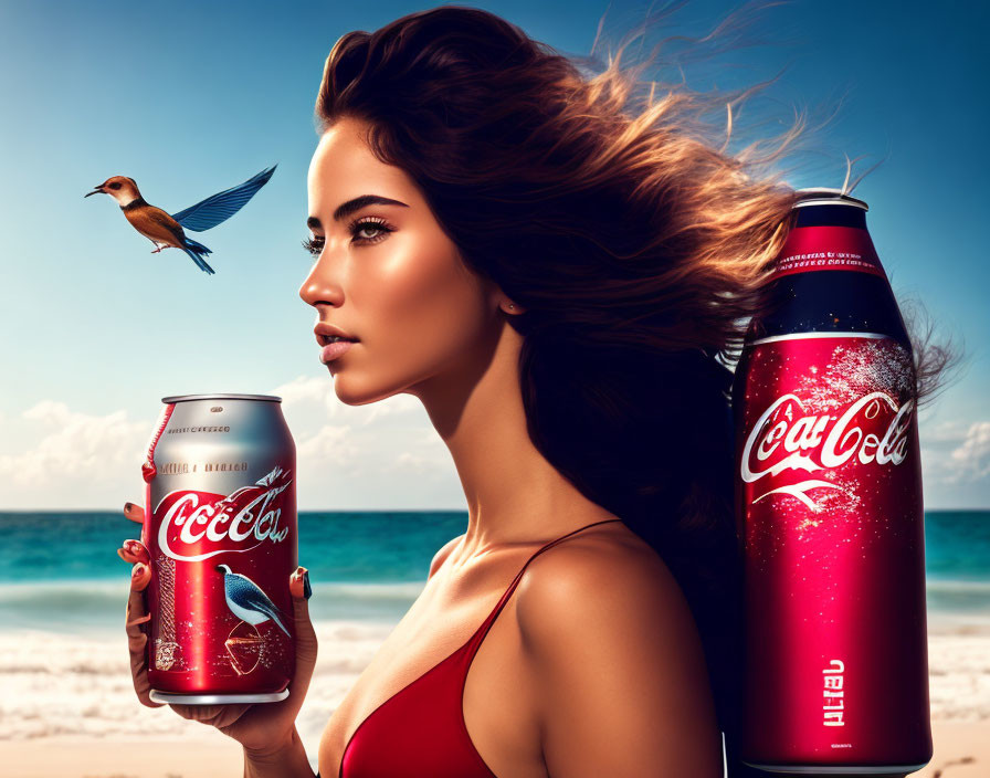 Woman with flowing hair holding Coke can at beach with clear skies, Coke bottle, and bird.