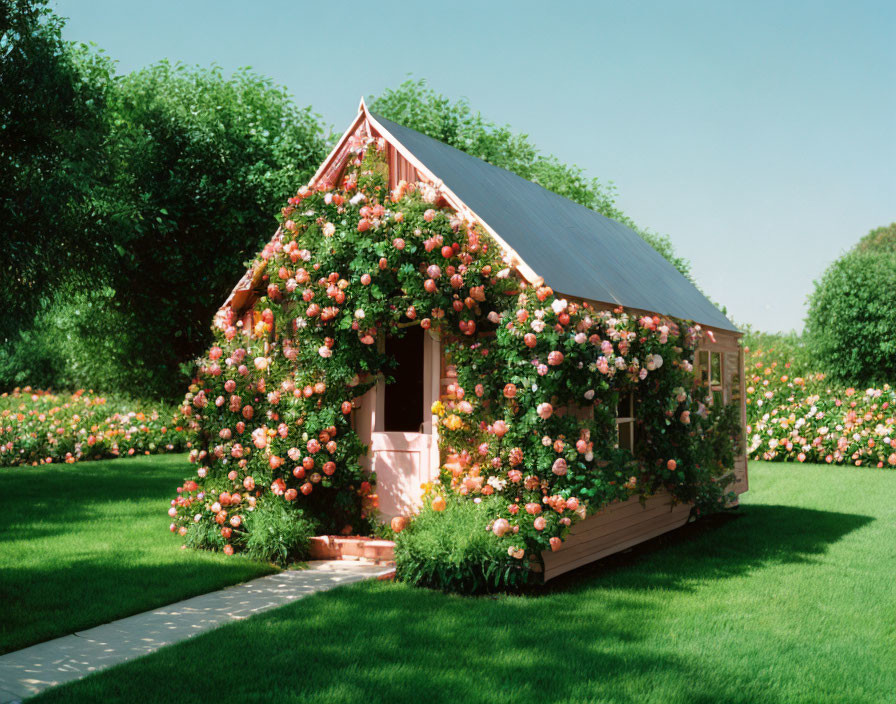 Charming wooden house with pink door surrounded by lush garden plants