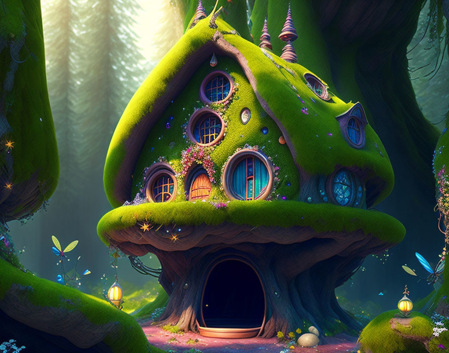 Magical forest scene with glowing mushroom house, fairies, and twinkling lights